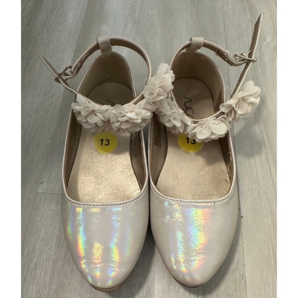 Sugar Girls White Iridescent Flower Ankle Strap Ballet Flats‎ Size 13